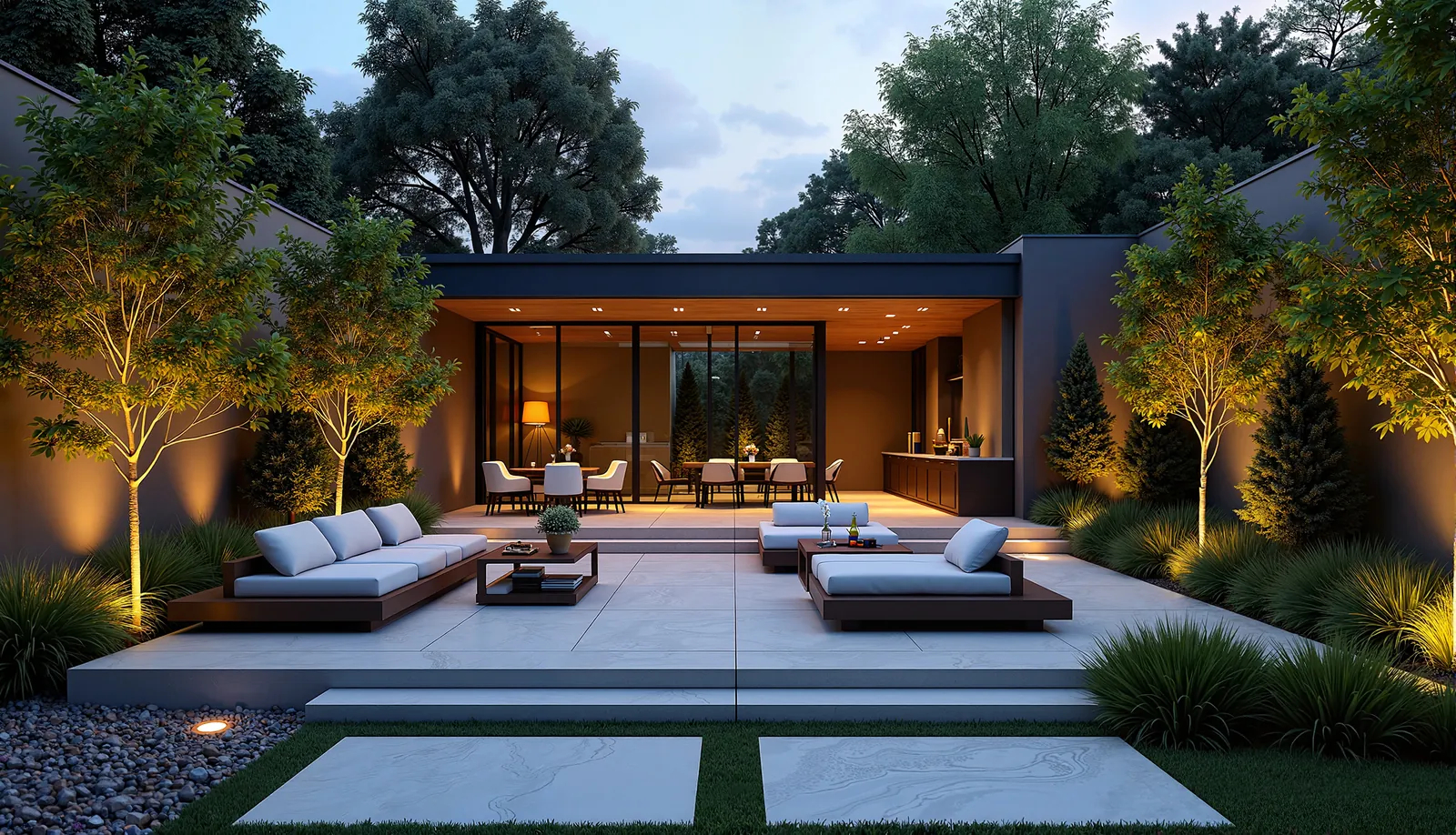 Backyard patio landscape lighting dusk 1600